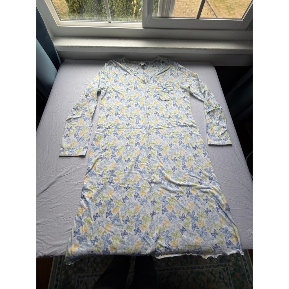 Charter Club Intimates Butterfly Print Nightgown Long Sleeve V-Neck Blue Green M